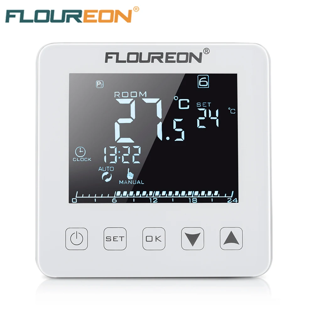 Floureon HY08WE Electric Heating Thermostat LCD Display Warm Floor HeatingTemperature Controller 230~250VAC WiFi Touch Screen
Floureon HY08WE Electric Heating Thermostat LCD Display Warm Floor HeatingTemperature Controller 230~250VAC WiFi Touch Screen