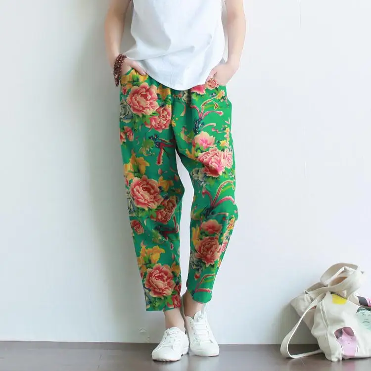 Women New Summer Harem Pants Floral Print Casual Chinese 2019 National Cotton Linen Bottoms peony print Elastic Mid-waist Capris
Women New Summer Harem Pants Floral Print Casual Chinese 2019 National Cotton Linen Bottoms peony print Elastic Mid-waist Capris