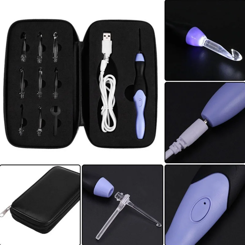 9 In 1 USB LED Light Up Crochet Hooks Weave Craft Tools Kit Knitting Needles Set Weave Craft Household Sewing Tools Kit