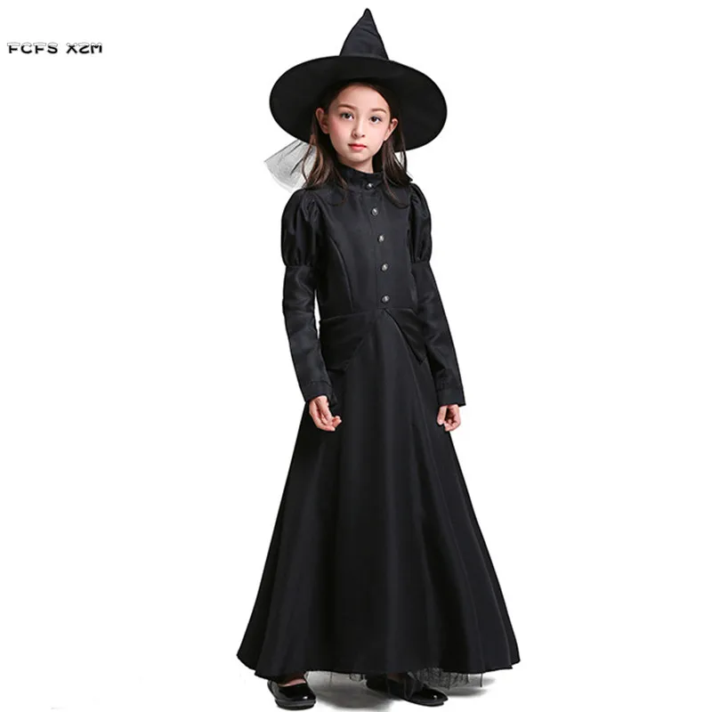 

S-L Girls Black Witch Robes Cosplays Kids Children Halloween Sorceress Costumes Carnival Purim stage show Masquerade party dress