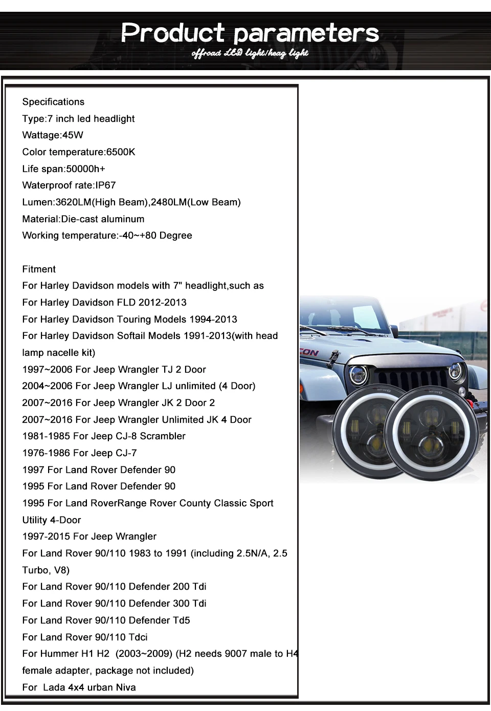 Product parameters.