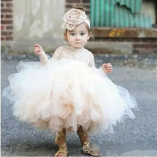 

Cute white ivory champagne tutu puffy tulle flower girl dress sheer lace ball gown tea length long sleeves baby birthday gown