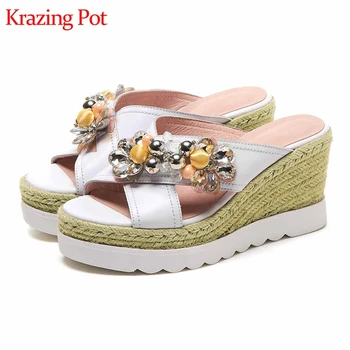 Krazing pot genuine leather peep toe platform wedges high heels metal fasteners crystal flowers lady slip on luxury sandals L21
Krazing pot genuine leather peep toe platform wedges high heels metal fasteners crystal flowers lady slip on luxury sandals L21