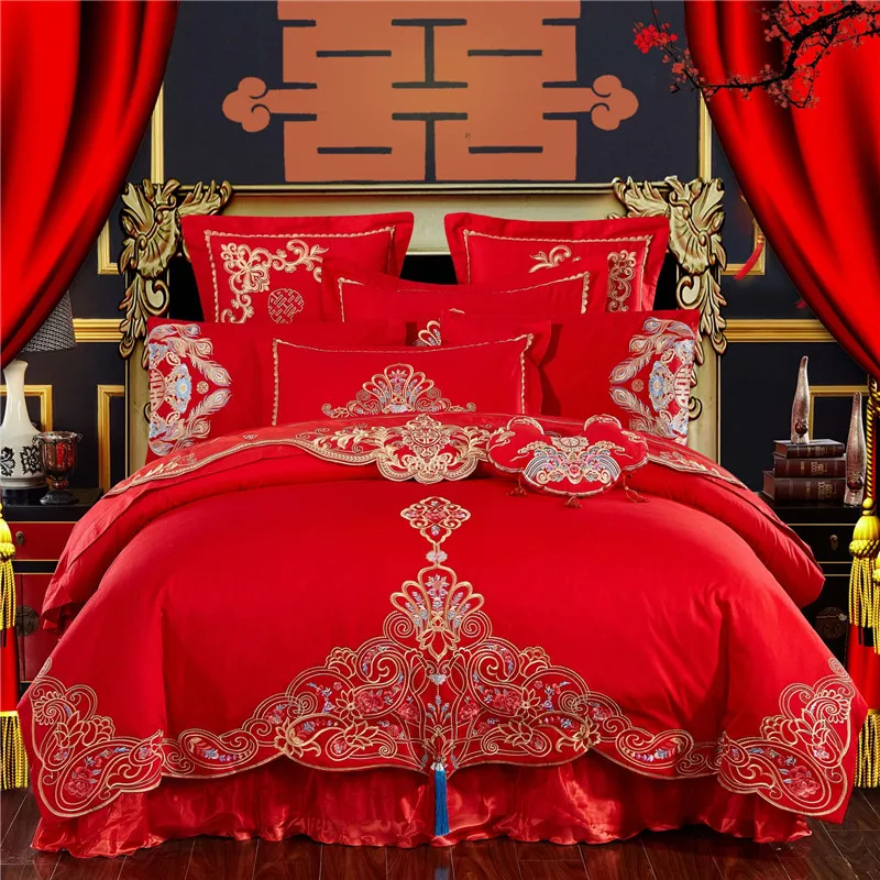 Luxury Red Wedding Style Golden Royal Embroidery 100% Cotton Bedding Set Duvet Cover Bed sheet Bedspread Pillowcases 4/6/10pcs
Luxury Red Wedding Style Golden Royal Embroidery 100% Cotton Bedding Set Duvet Cover Bed sheet Bedspread Pillowcases 4/6/10pcs