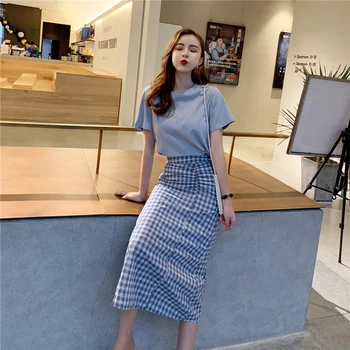 

2019 Summer New Zip High Waist Conjunto Feminino Fashion Brief Casual Twinset Plaid Korean Women 2 Piece Skirt Sets