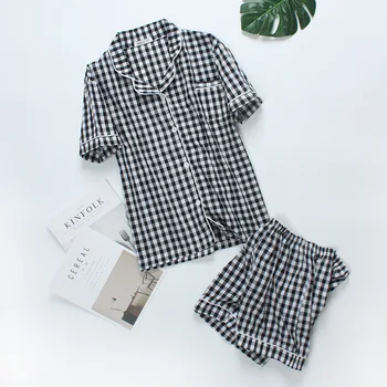 2018 Summer Womens Pajamas 100% Cotton Plaid Short Sleeve Shorts Pijama Sets Ladies Loose Home Clothes Sleepwear Suits Pyjamas
2018 Summer Womens Pajamas 100% Cotton Plaid Short Sleeve Shorts Pijama Sets Ladies Loose Home Clothes Sleepwear Suits Pyjamas