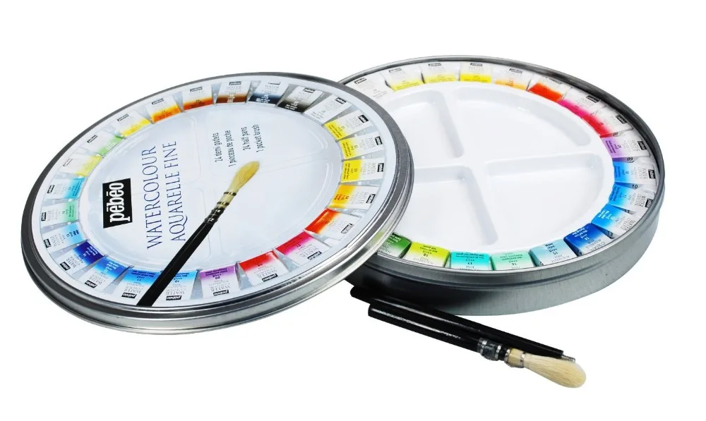 Pebeo Fine Watercolors круглая металлическая коробка of 24 Half Pans Pocket Set с кисточкой |