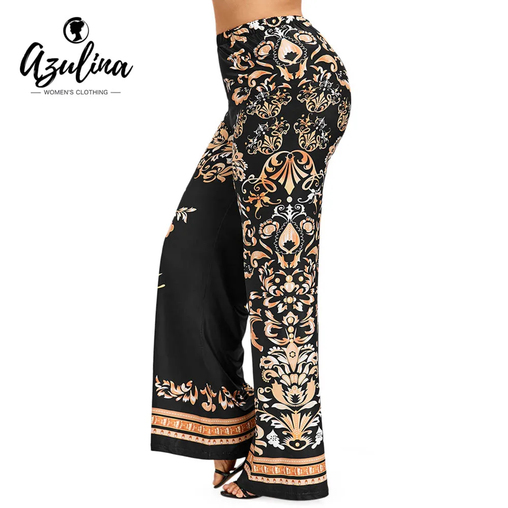 Rosegal Plus SIze Baroque Print Palazzo Pants Casual Overlength High Elastic Waist Wide Leg Women Pant Trousers Clothing | Женская