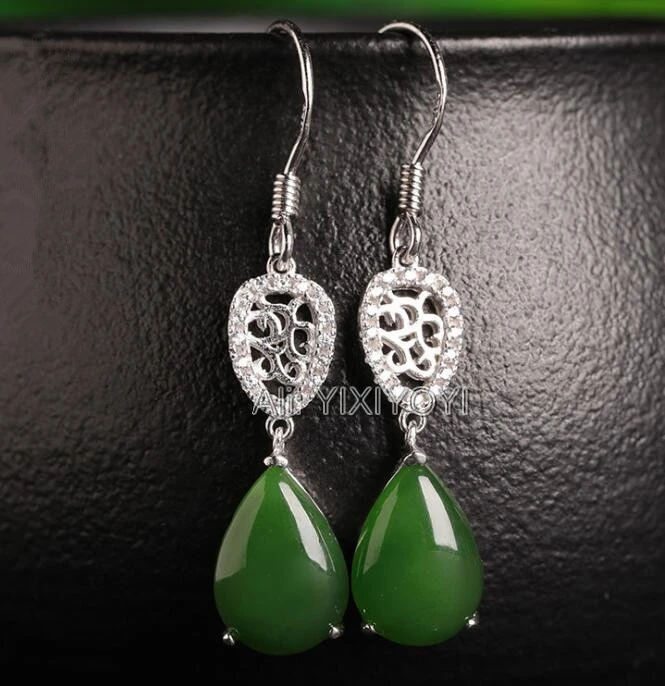 

Beautiful 925 Silver Green HeTian Jade Beads Water Dropping Dangle Lucky Earrings Woman's Charm Earring Ear Jewelry Certificate