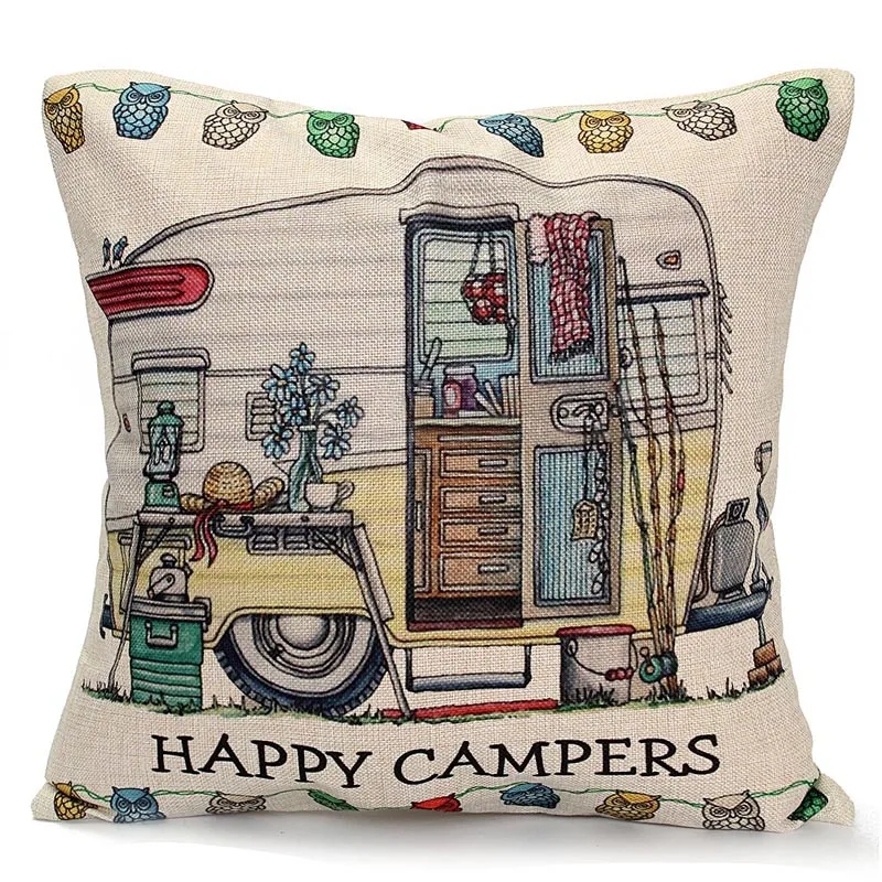 Camper Pillow Cover Colorful Pillow Case Happy Campers Cushion Covers for Home Sofa Decoration Pillowcase