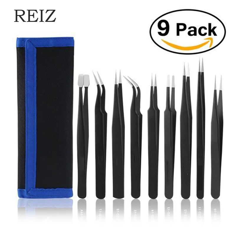 REIZ 9pcs Tweezers Set Stainless Steel Precision Tweezers Set for Electronic Mobile Phone Repair Tools Kit non-slip Repairing
REIZ 9pcs Tweezers Set Stainless Steel Precision Tweezers Set for Electronic Mobile Phone Repair Tools Kit non-slip Repairing