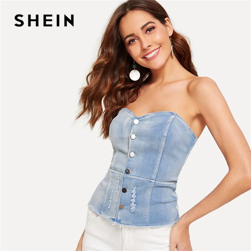 

SHEIN Lady Blue Bleach Dye Buttoned Peplum Bandeau Crop Top Women Sexy Streetwear Sleeveless Solid Placket Denim Summer Tops