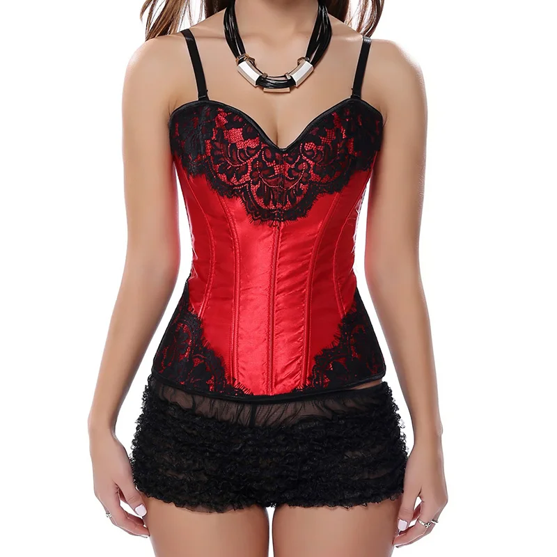 

Red Satin With Black Floral Lace Corsage Sexy Corpetes E Corselet Overbust Corset Bustier Top Gothic Clothing Korsett For Women