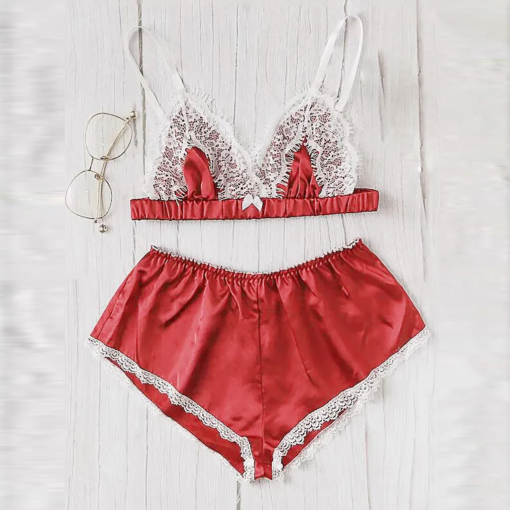 Fashion Silk Lace Splic Stain Lingerie Bowknot Set Pajamas bra and panty set Sleepwear underwear Briefs Back Closure Patchwork 
Fashion Silk Lace Splic Stain Lingerie Bowknot Set Pajamas bra and panty set Sleepwear underwear Briefs Back Closure Patchwork