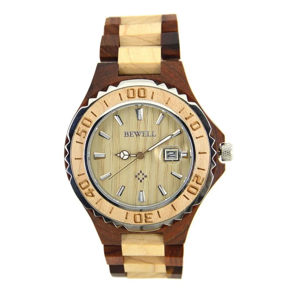 

BEWELL W100BG Wood Watch Men Analog Display Auto Date Quartz Mens Watches Top Brand Luxury Water Resistant Wristwatch Gift Box