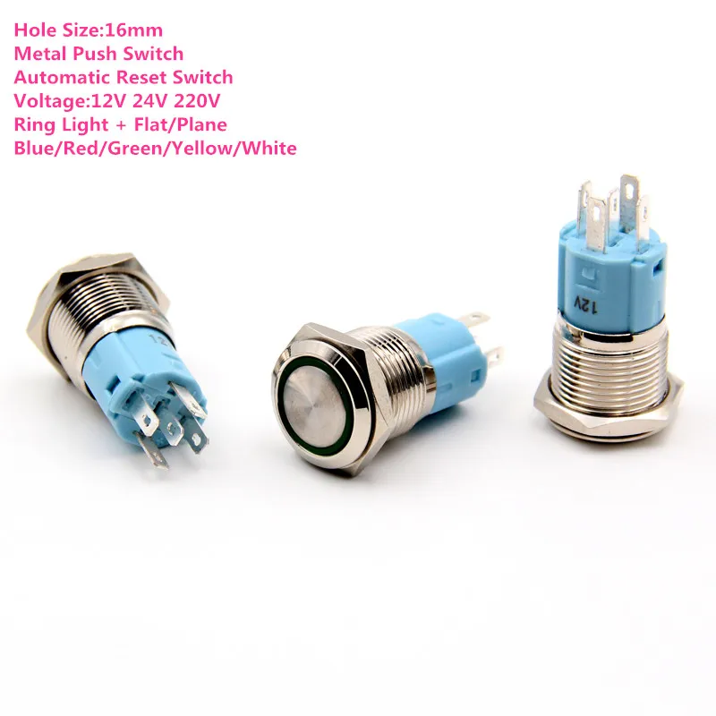 1PCS YT1753 Hole Size16mm Metal Push Switch Automatic Reset 5 Colors Ring Light + Flat/Plane button Voltage12V/24V/220V
1PCS YT1753 Hole Size16mm Metal Push Switch Automatic Reset 5 Colors Ring Light + Flat/Plane button Voltage12V/24V/220V