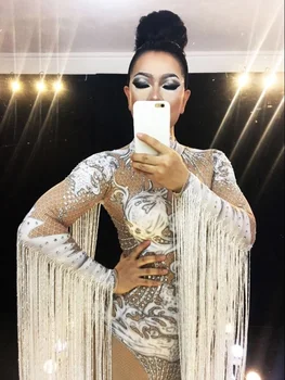 Women Glisten Rhinestones Longtassel Printed Bodysuit Shining Crystals Stertch Leotard Female Singer Dj Outfit Bar Party Costume 
Women Glisten Rhinestones Longtassel Printed Bodysuit Shining Crystals Stertch Leotard Female Singer Dj Outfit Bar Party Costume