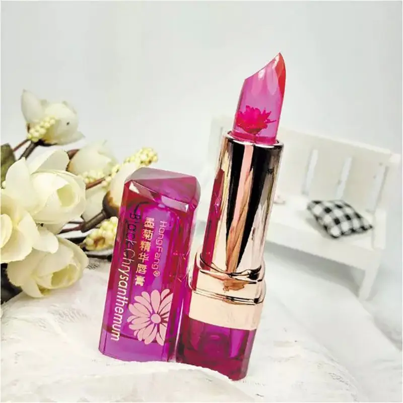 

1 Piece 3.5g Black Chrysanthemum Nonstick Cup Lipstick Flower Jelly Temperature-changed Lip Balm Moisturizer Lips Stick