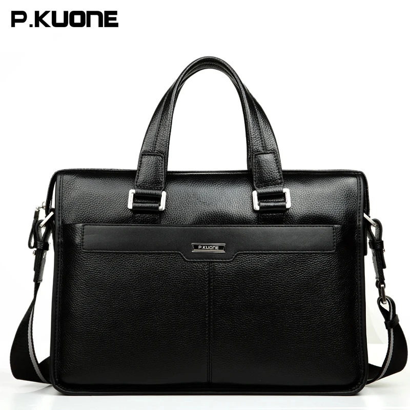 

P.KUONE Brand Cow Leather Handbag Crossbody Laptop Bag Men Genuine Leather Briefcase Men's Shoulder Messenger Bags Brown Black