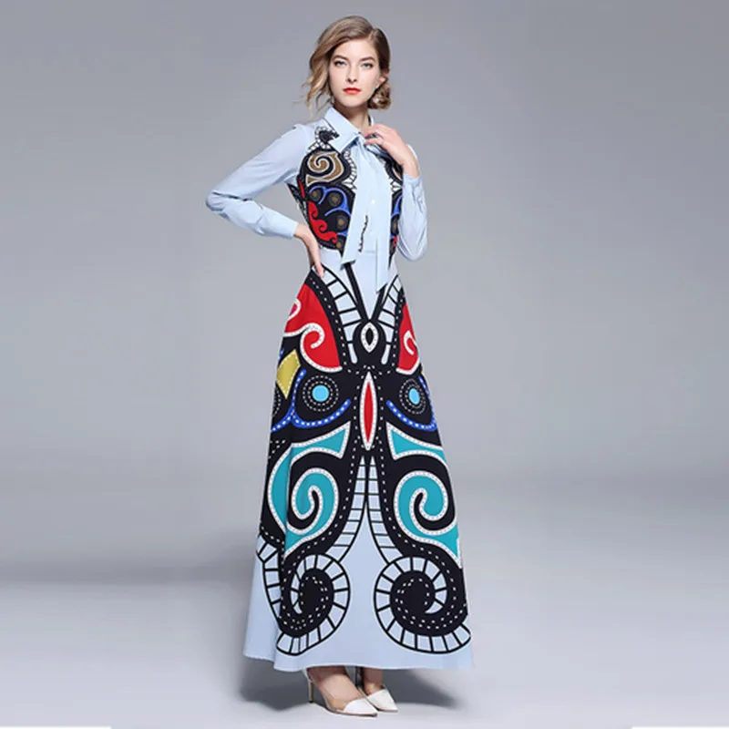 

Spring Summer 2019 Runway Dress Vestidos Mexican Women Dress Elegant Long Sleeve Vintage Geometric Print Belt Pleated Maxi Dress