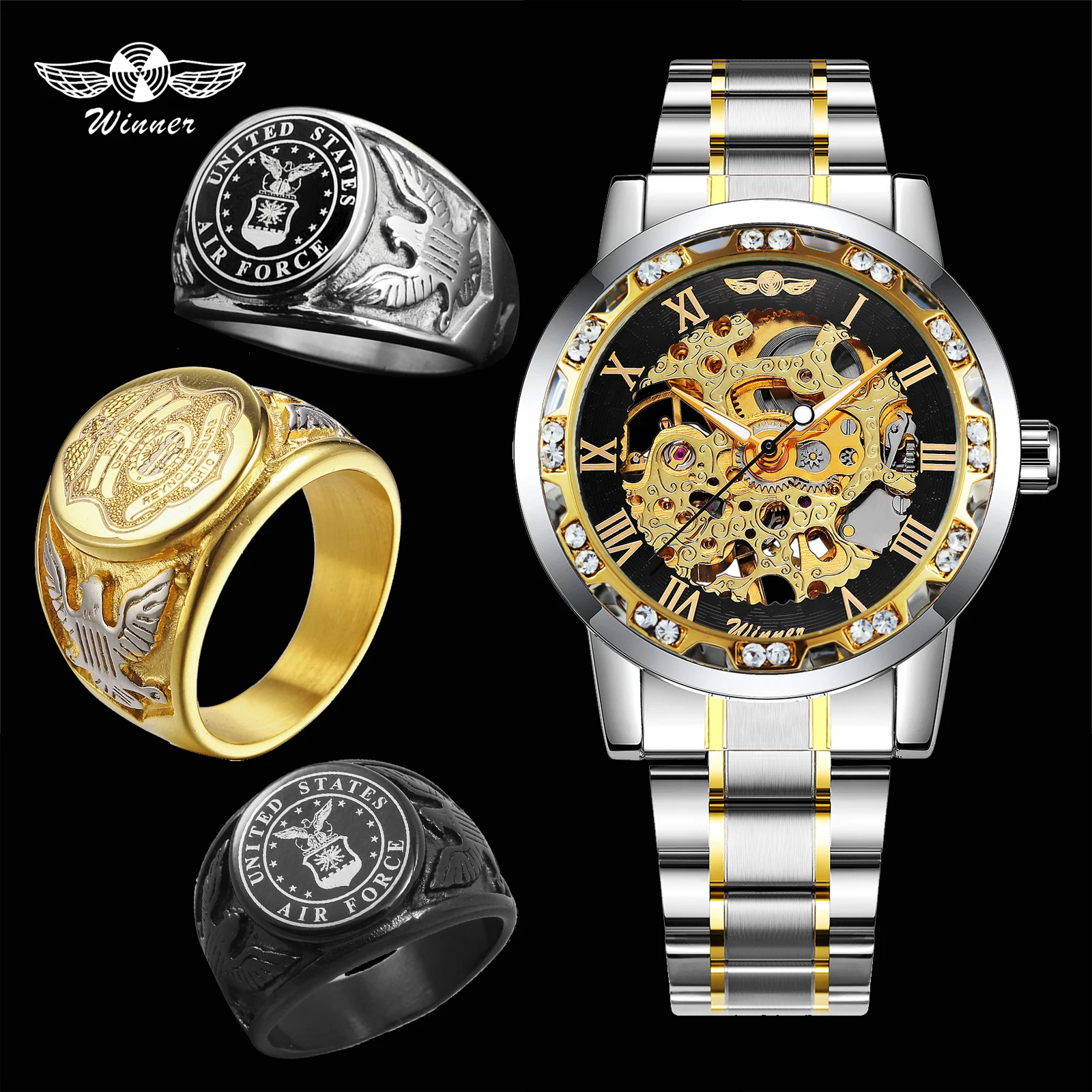 WINNER Hip Hop Watch Men Mechanical Mens Watches Men Top Brand Luxury Punk Jewelry Set + Retro Ring
WINNER Hip Hop Watch Men Mechanical Mens Watches Men Top Brand Luxury Punk Jewelry Set + Retro Ring