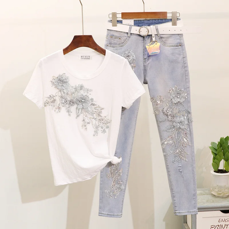 Fashion Vestidos Summer Cropped Pant Sets Embroidery Sequins 3D Flower T Shirt Jeans Pants Suit Two Pieces Women Cotton Tops Set
Fashion Vestidos Summer Cropped Pant Sets Embroidery Sequins 3D Flower T Shirt Jeans Pants Suit Two Pieces Women Cotton Tops Set