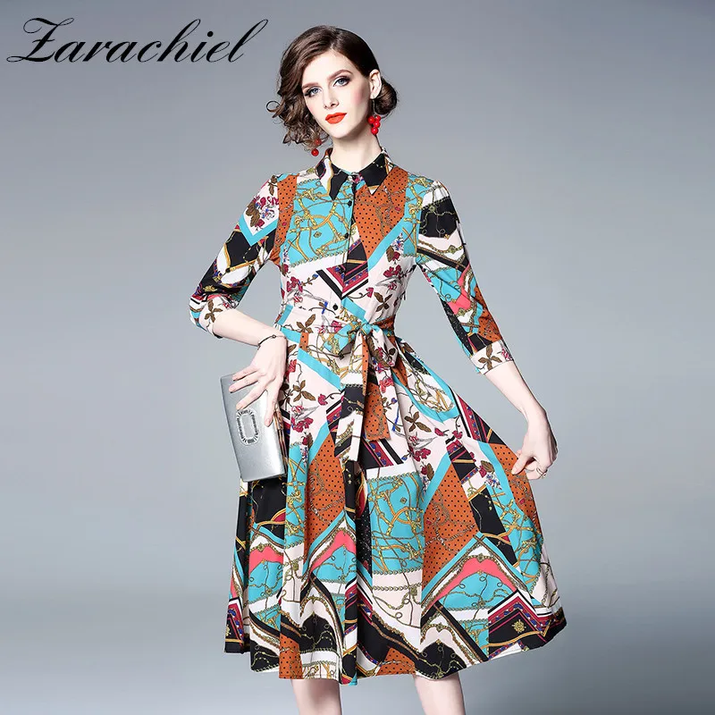2019 Spring Summer Runway Chain Flower Printed Shirt Dress Women Bow Belt Turn Down Collar Vintage Slim Fit and Flare Midi Dress
2019 Spring Summer Runway Chain Flower Printed Shirt Dress Women Bow Belt Turn Down Collar Vintage Slim Fit and Flare Midi Dress