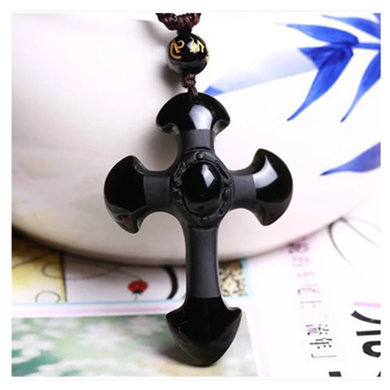 

Drop Shipping Handmade Beads Chain Natural Black Obsidian Carving Crosses Lucky Amulet Pendant Necklace For Women Men