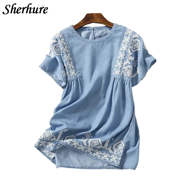 2019 Summer Women Mini Dress Vintage Floral Embroidery Soft Denim Dress O-Neck Short Sleeve Loose Women Dress Female Vestidos
2019 Summer Women Mini Dress Vintage Floral Embroidery Soft Denim Dress O-Neck Short Sleeve Loose Women Dress Female Vestidos