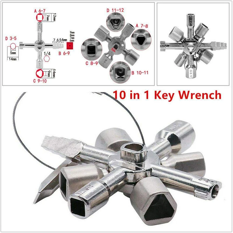 10 in 1 Multifunction Electrician Plumber Utility Cross Switch Wrench Universal Square Triangle Key for Gas Train Bleed Radiator
10 in 1 Multifunction Electrician Plumber Utility Cross Switch Wrench Universal Square Triangle Key for Gas Train Bleed Radiator