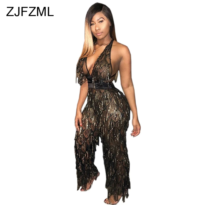 Sequins Tassels Mesh Sexy Overalls For Women Deep V Neck Backless Wide Leg Pant Jumpsuit Elegant Sleeveless Perspective Romper
Sequins Tassels Mesh Sexy Overalls For Women Deep V Neck Backless Wide Leg Pant Jumpsuit Elegant Sleeveless Perspective Romper