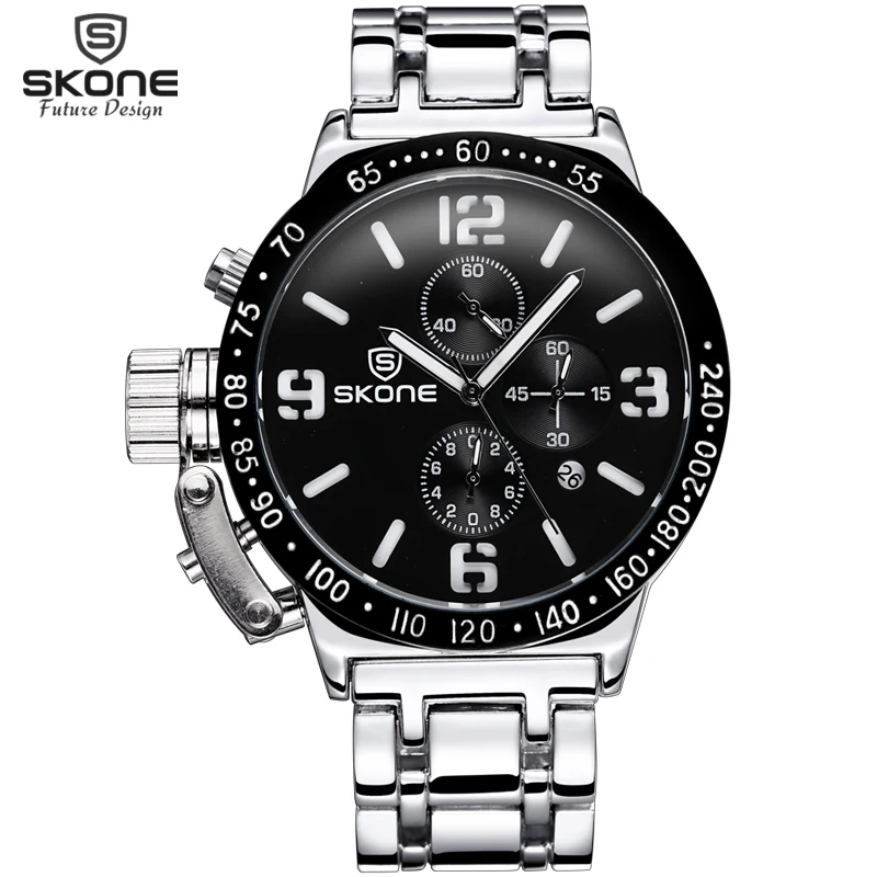 

SKONE Sport Watches Men Luxury Brand Date Chronograph Quartz-watch Man Stainless Steel Army Military Watch Hour relogio masculin