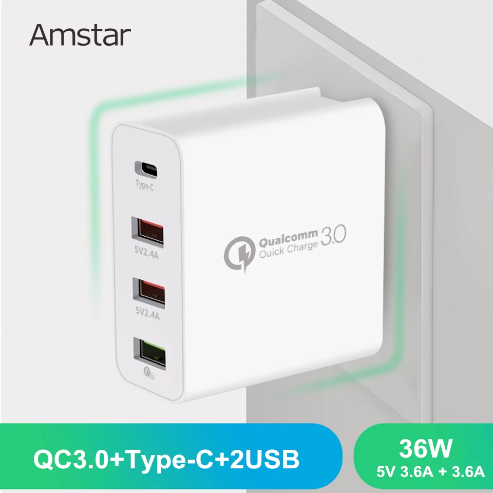 Amstar 36W Quick Charge 3.0 USB Charger Type C With QC 3.0 4Port Adapter For iPhone Samsung Huawei Xiaomi Travel Wall Charger
Amstar 36W Quick Charge 3.0 USB Charger Type C With QC 3.0 4Port Adapter For iPhone Samsung Huawei Xiaomi Travel Wall Charger
