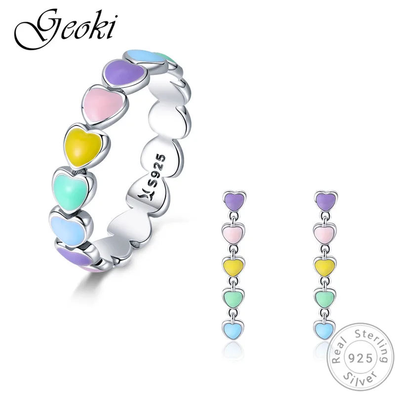 Geoki 925 Sterling Silver Jewelry Set Heart Rainbow Ring&Long Stud Earrings Women Original S925 Love Colored Enamel Jewelry Sets
Geoki 925 Sterling Silver Jewelry Set Heart Rainbow Ring&Long Stud Earrings Women Original S925 Love Colored Enamel Jewelry Sets