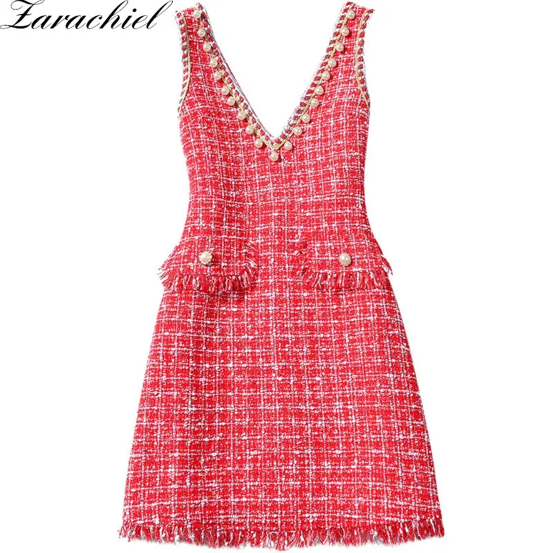 New Year Brand Clothing 2019 Spring Tweed Wool Dress Women Sleeveless V Neck Beaded Pearl Tassel Christmas Red Plaid Vest Dress
New Year Brand Clothing 2019 Spring Tweed Wool Dress Women Sleeveless V Neck Beaded Pearl Tassel Christmas Red Plaid Vest Dress