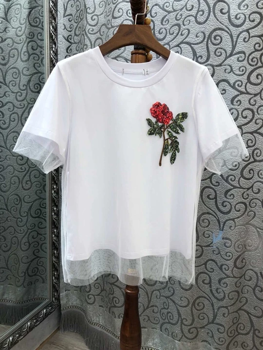2019 spring new women's wild round neck beads flower mosaic mesh short T-shirt TEE
2019 spring new women's wild round neck beads flower mosaic mesh short T-shirt TEE