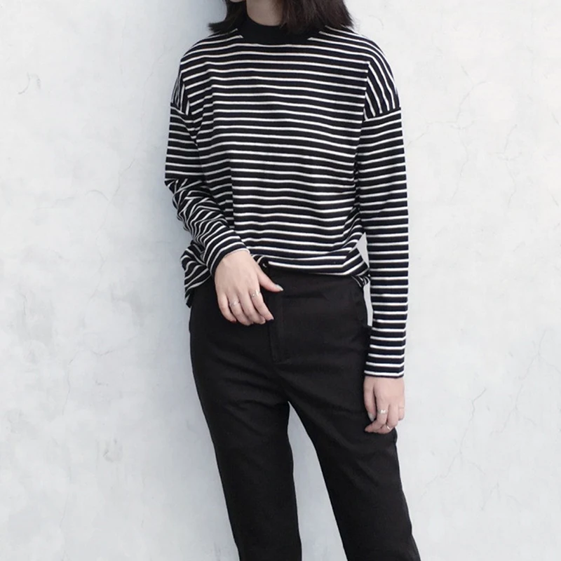 New Women Turtleneck Korean Style T Shirt Harajuku Crop Top Long Sleeved Striped Tops Female T Shirt Summer Casual Tops
New Women Turtleneck Korean Style T Shirt Harajuku Crop Top Long Sleeved Striped Tops Female T Shirt Summer Casual Tops
