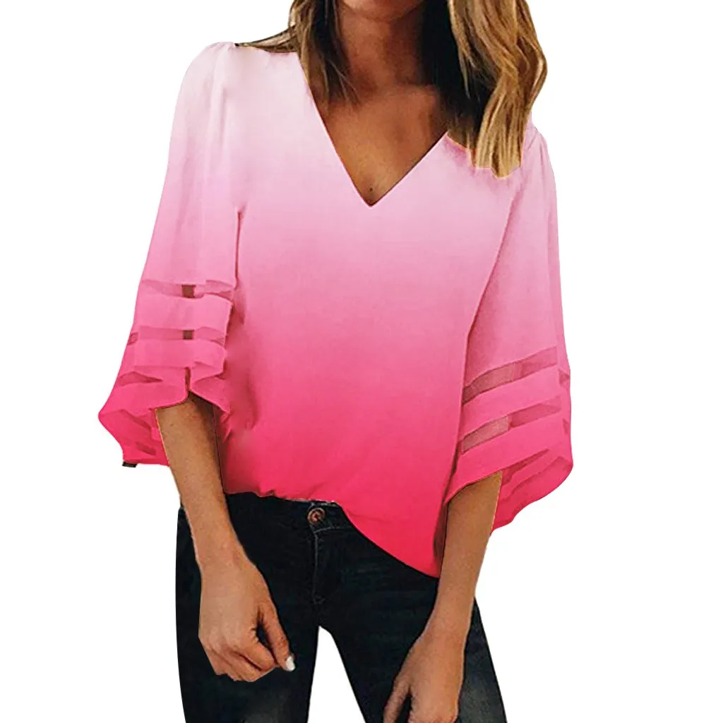 V-Neck Gradient Dyeing Shirt Casual Loose Flare Sleeve Half Sleeve Top Mesh Panel Patchwork Blouse Camiseta Feminina#Y5
V-Neck Gradient Dyeing Shirt Casual Loose Flare Sleeve Half Sleeve Top Mesh Panel Patchwork Blouse Camiseta Feminina#Y5