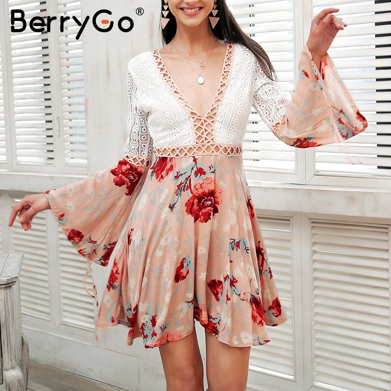 BerryGo V neck sexy lace dress women Flare long sleeve beach floral dress Hollow out backless 2018 summer dress short vestido
BerryGo V neck sexy lace dress women Flare long sleeve beach floral dress Hollow out backless 2018 summer dress short vestido