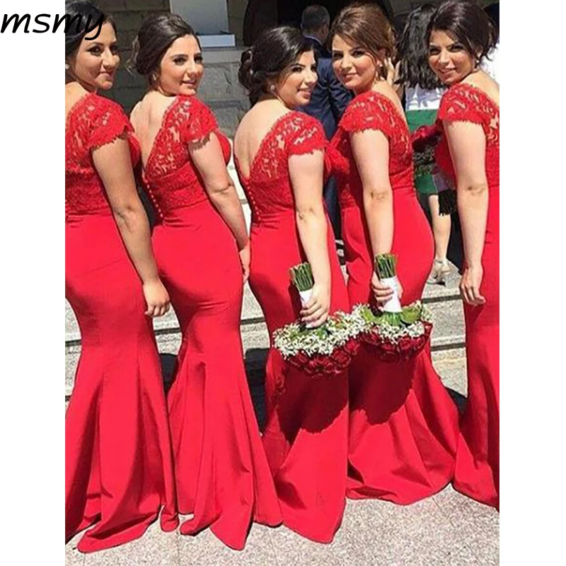 Фото Pretty A-Line V-Neck Bridesmaid Dresses Cap Sleeves Red Cheap Long With Lace Custom Made | Свадьбы и торжества