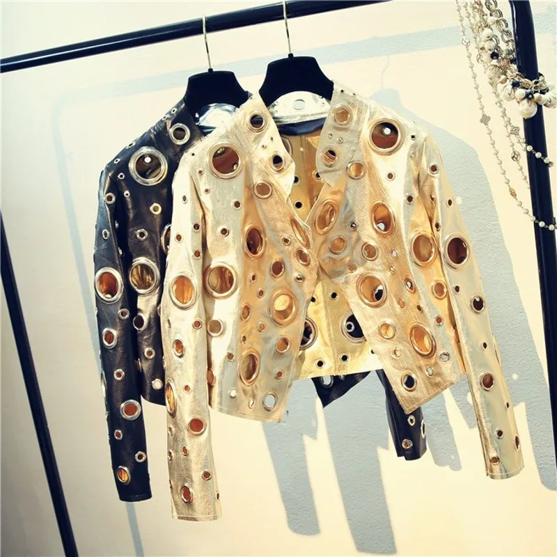 Punk Style Rock and Roll Black Gold Silver Color Faux Leather Jacket 2018 New Women Autumn Hollow Out PU Jacket
Punk Style Rock and Roll Black Gold Silver Color Faux Leather Jacket 2018 New Women Autumn Hollow Out PU Jacket