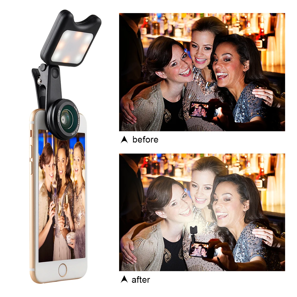 APEXEL LED Selfie Light Fill-in light +0.36X Wide Angle Lens + 15X Macro Lens Kit 22 6