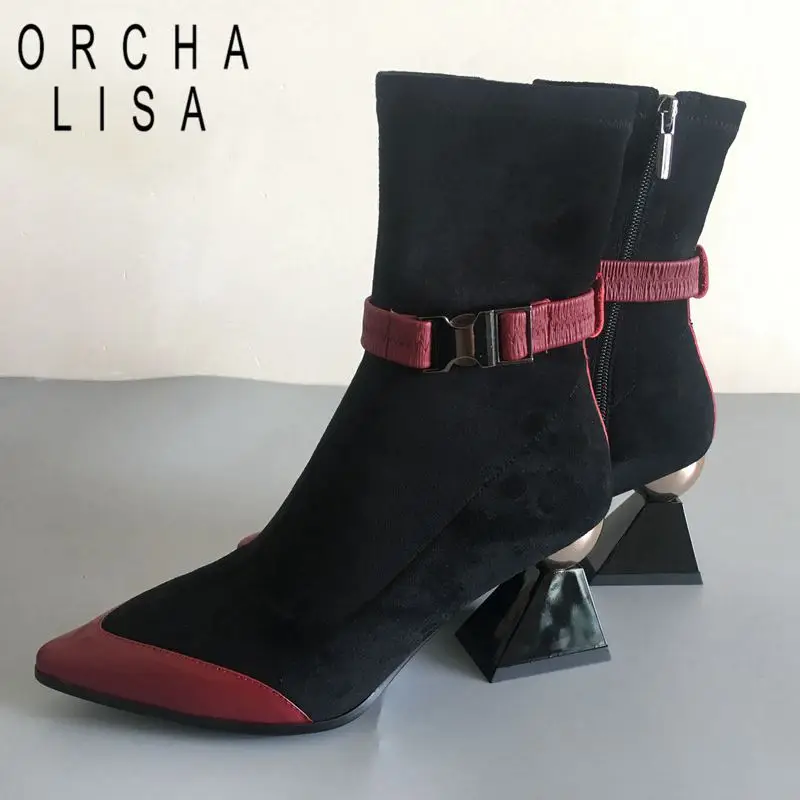 ORCHA LISA designed sock boots with belt Women Ankle Boots strange heel Pointed toe Slip on stretch Knitted shoes Big size 43
ORCHA LISA designed sock boots with belt Women Ankle Boots strange heel Pointed toe Slip on stretch Knitted shoes Big size 43
