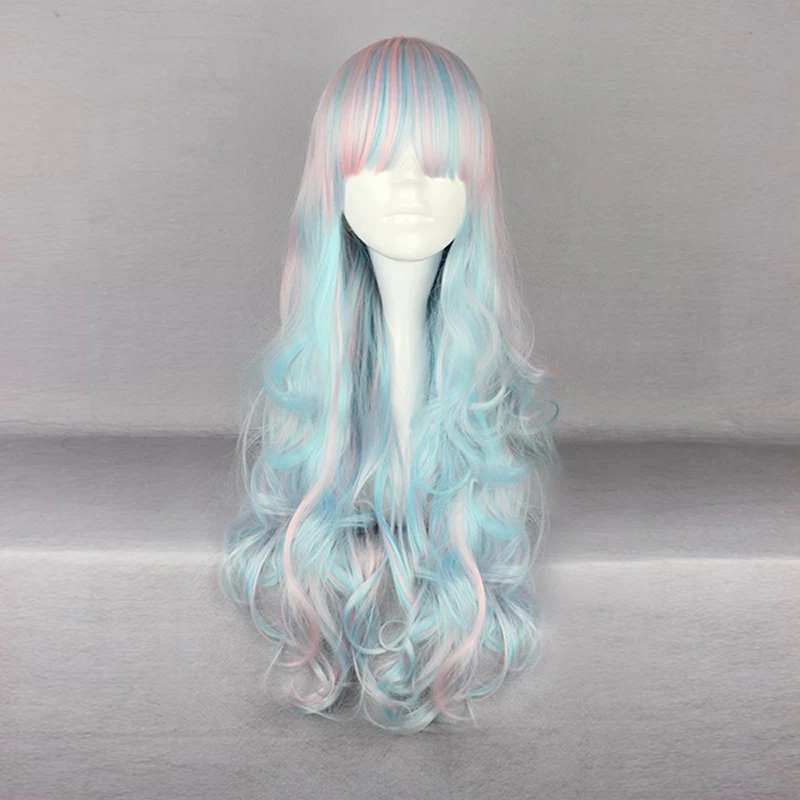 

60cm Lolita Long Light Pink Mixed Blue Curly Anime Daily Hair Cosplay Synthetic Full Wig With Bang + Cap H75431A