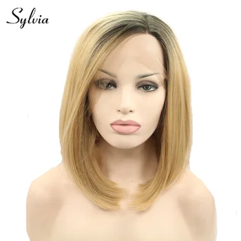 

Sylvia Mixed Blonde Ombre Bob Hairstyle Synthetic Lace Front Wigs Dark Roots Natural Blonde Short Straight Heat Resistant