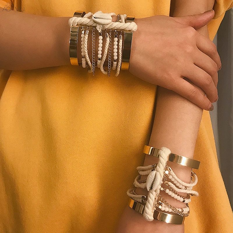 AOMU Exaggerate Multilayer Rope Chain Bind line Shell Metal Golden Wide Bracelet For Women Girl Ethnic Punk Party Accessories
AOMU Exaggerate Multilayer Rope Chain Bind line Shell Metal Golden Wide Bracelet For Women Girl Ethnic Punk Party Accessories
