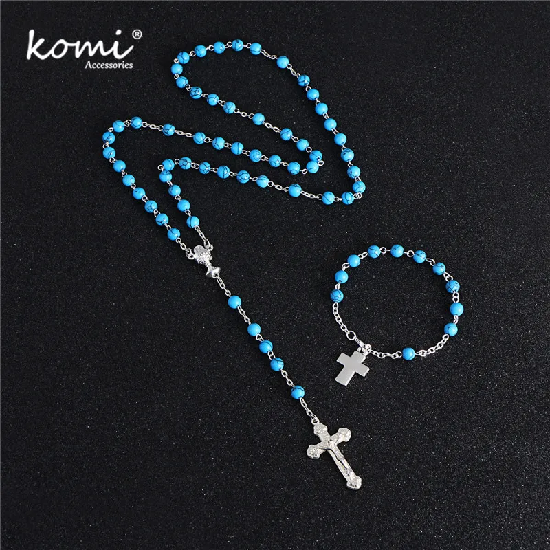 KOMi New Fashion 6mm Blue Bead Long Chain Necklace Bracelet Set Handmade Cross Pendant Rosary Religion Jewelry R-124
KOMi New Fashion 6mm Blue Bead Long Chain Necklace Bracelet Set Handmade Cross Pendant Rosary Religion Jewelry R-124