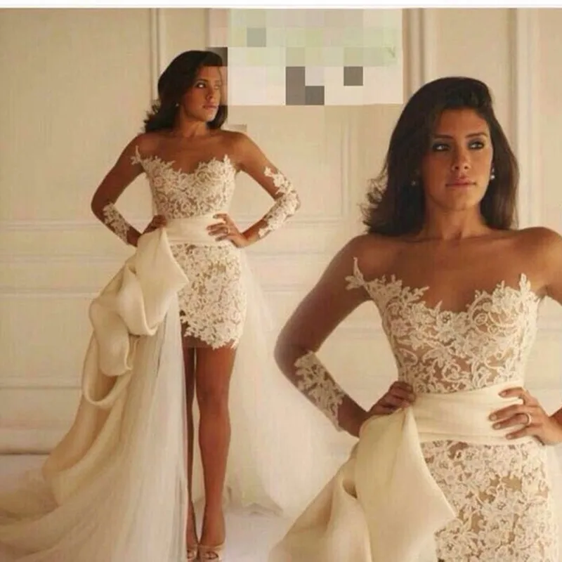 Sexy See Through Long Sleeve Short Prom Dresses with Long Train O Neck Lace Appliques White Evening Dress 2016 vestido de festa
Sexy See Through Long Sleeve Short Prom Dresses with Long Train O Neck Lace Appliques White Evening Dress 2016 vestido de festa