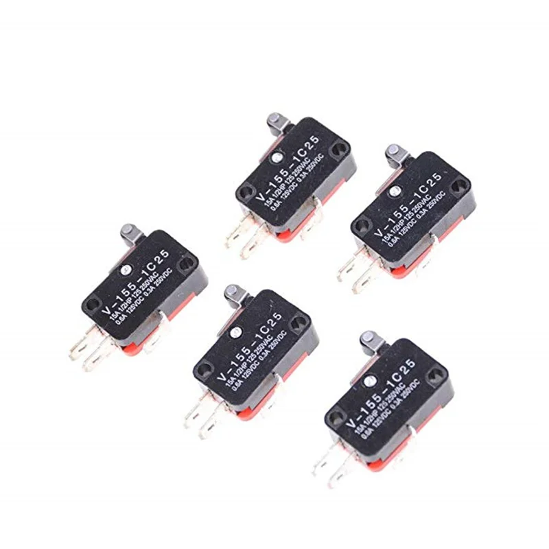 Five V-155-1C25 aperture switches, limit switches, short handles, rollers, silver spots
Five V-155-1C25 aperture switches, limit switches, short handles, rollers, silver spots
