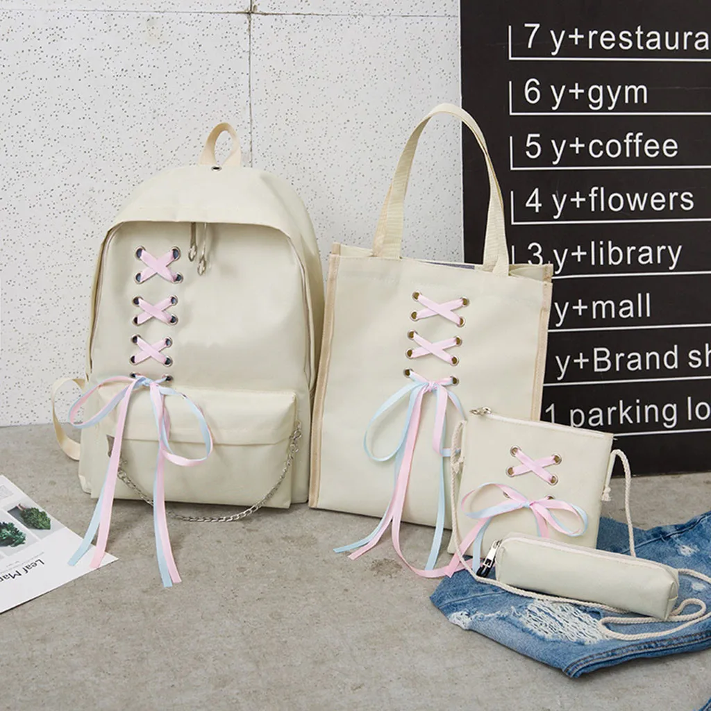 4PC Canvas Women Backpack Cute Ladies Backpack Ribbons Bow Decorated Female Student Schoolbag Travel Backpack For Girls Teenage
4PC Canvas Women Backpack Cute Ladies Backpack Ribbons Bow Decorated Female Student Schoolbag Travel Backpack For Girls Teenage